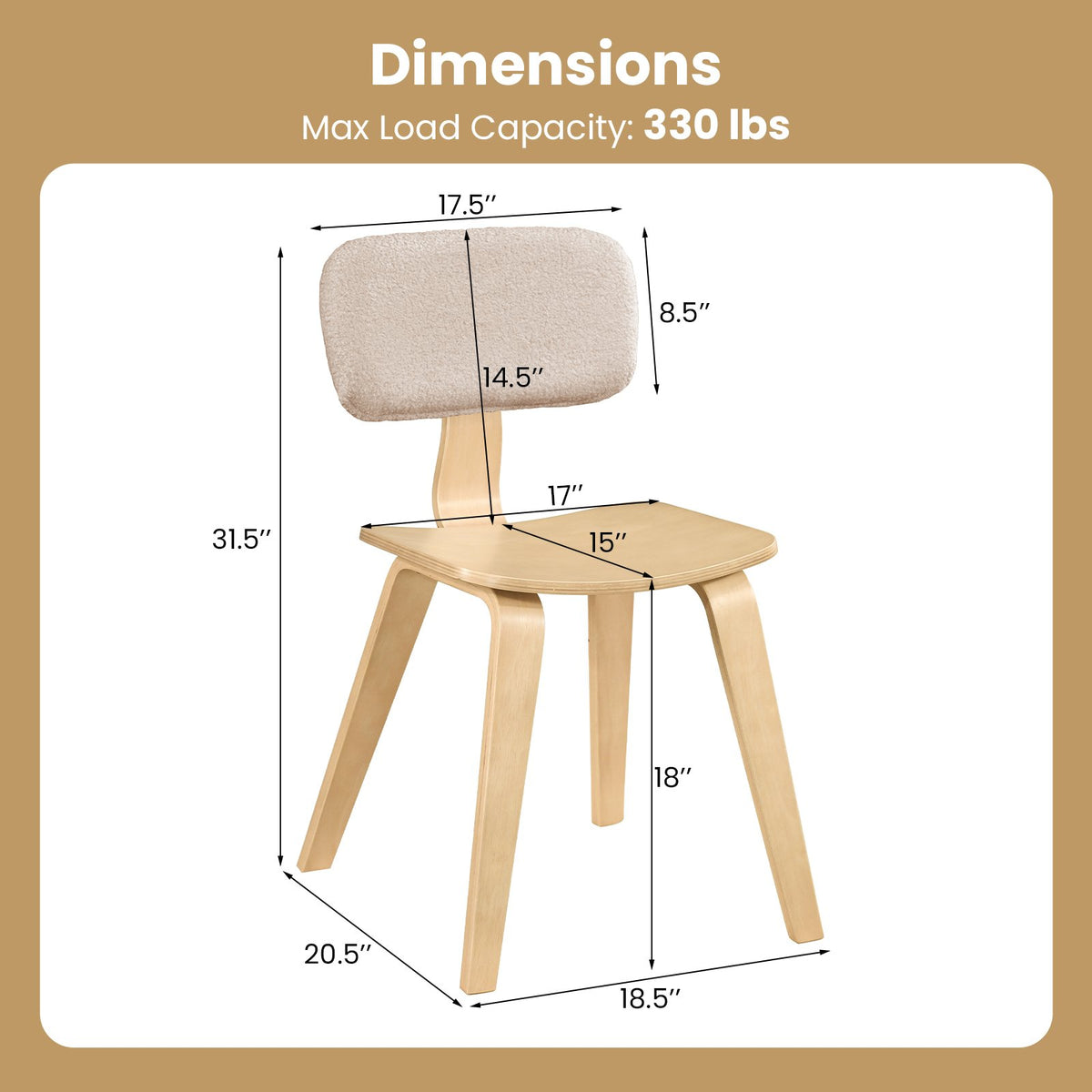 Set of 2 Rubber Wood Dining Room Chairs with Teddy Velvet Padded Backrest-Natural view 4