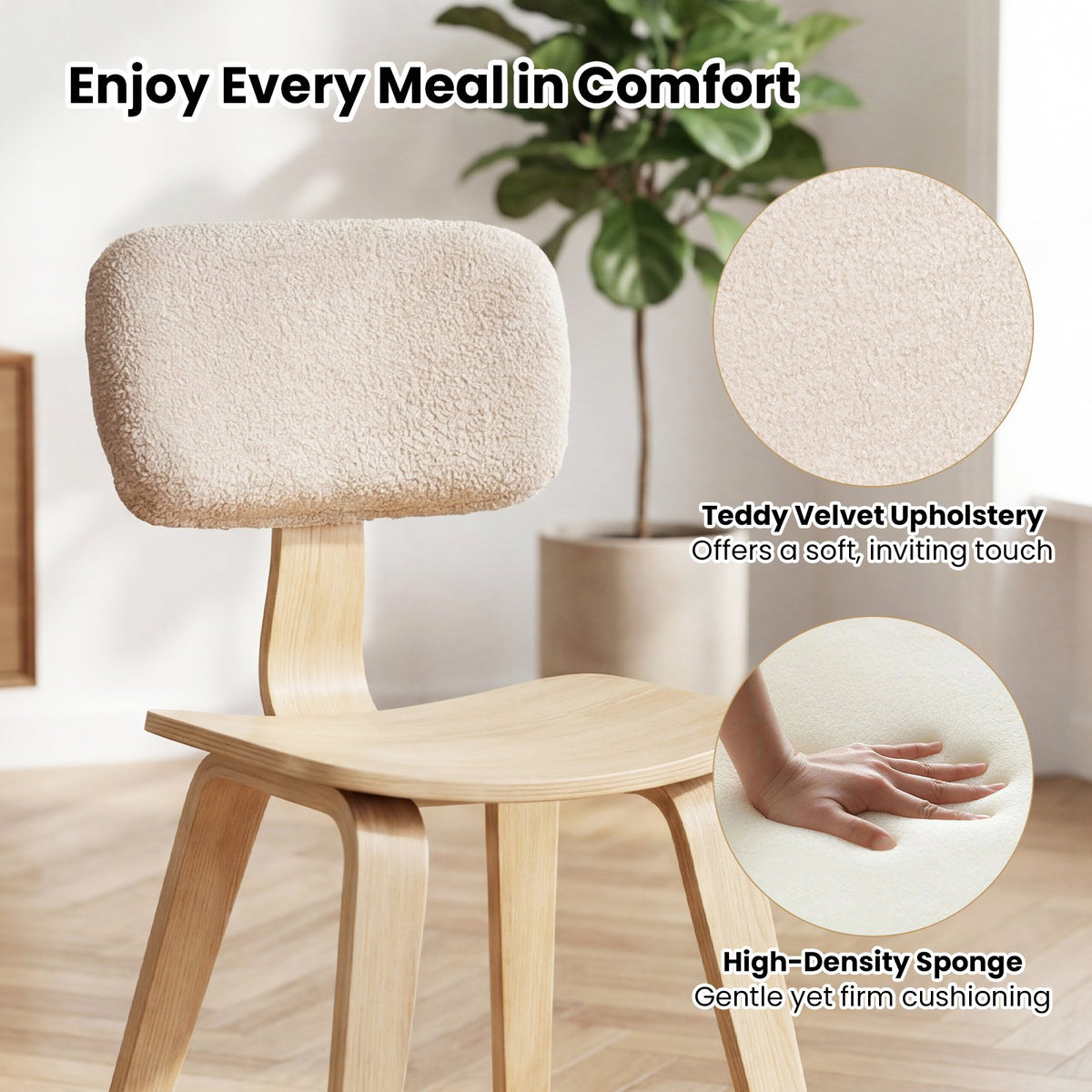 Set of 2 Rubber Wood Dining Room Chairs with Teddy Velvet Padded Backrest-Natural view 6