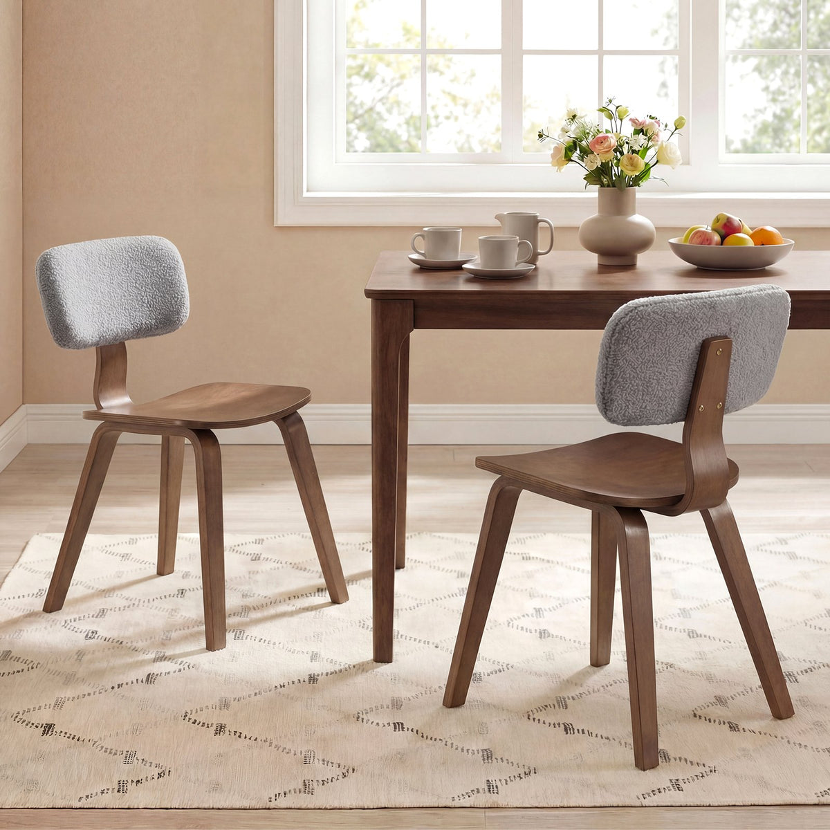 Set of 2 Rubber Wood Dining Room Chairs with Teddy Velvet Padded Backrest-Walnut view 2