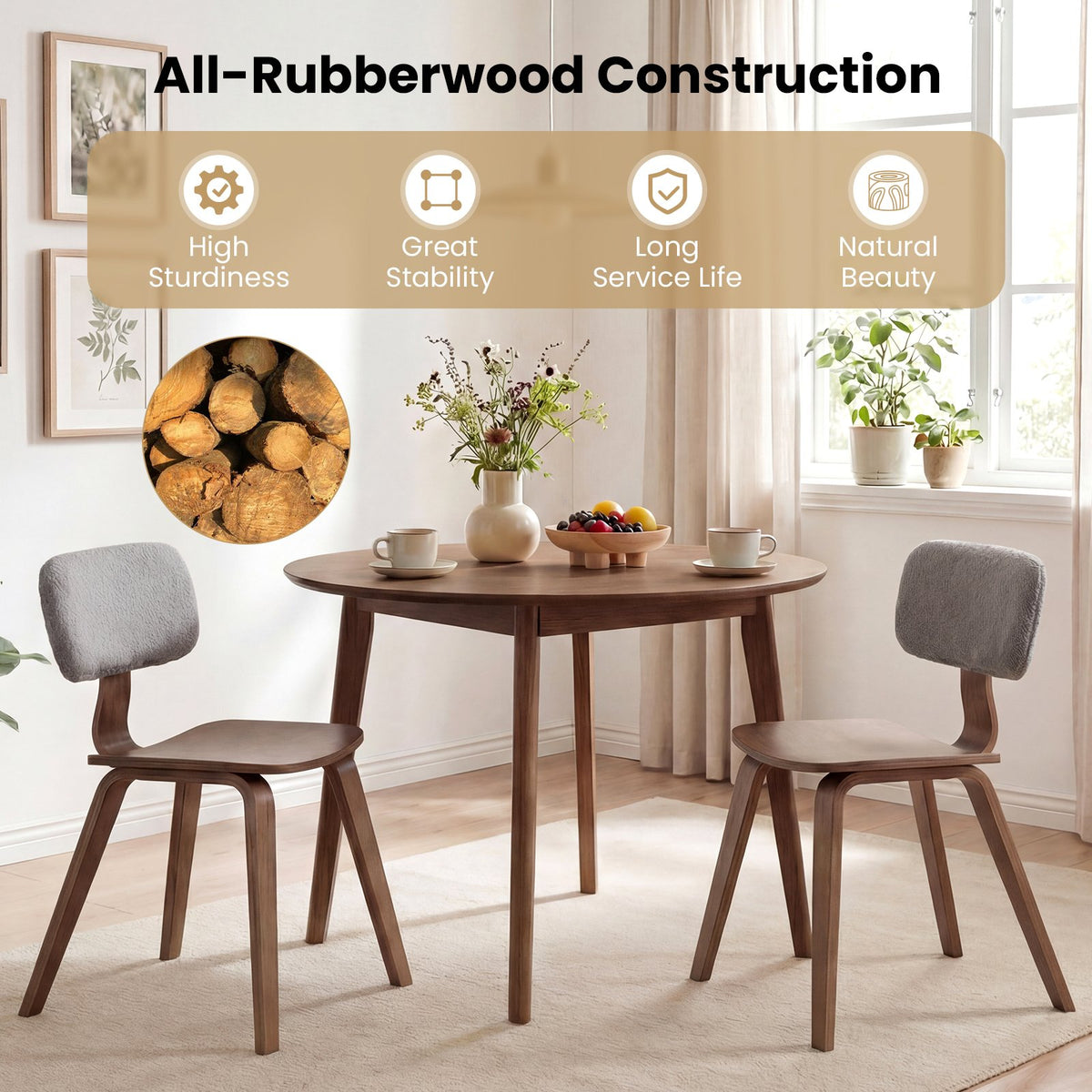 Set of 2 Rubber Wood Dining Room Chairs with Teddy Velvet Padded Backrest-Walnut view 8