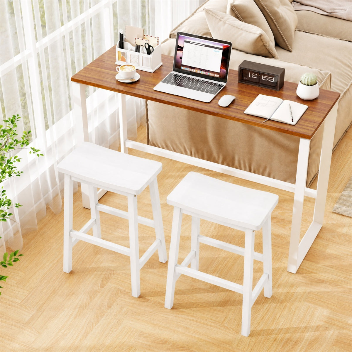 Set of 2 Saddle-Seat Counter Height Stools with Curved Seat and Footrests-Beige view 3
