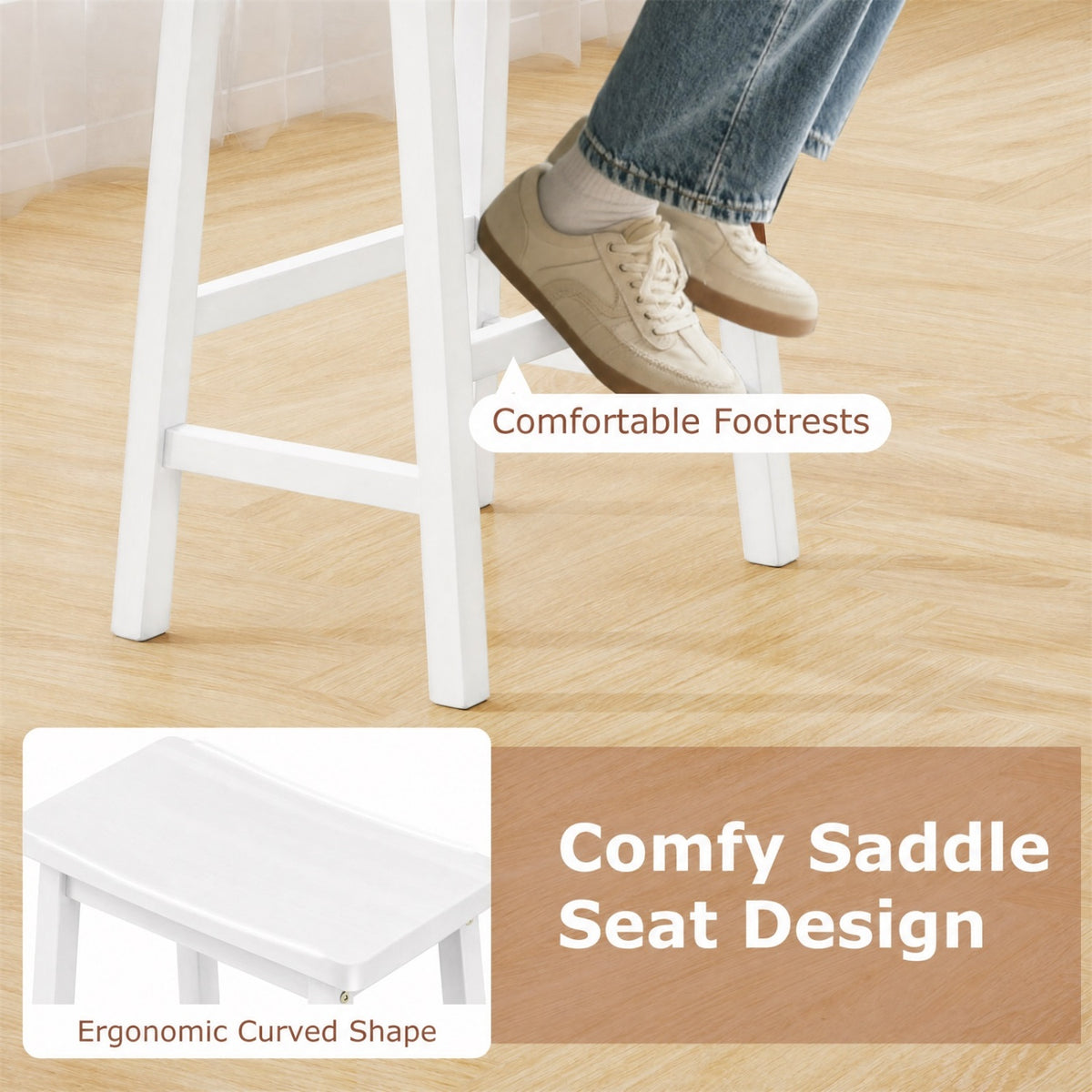 Set of 2 Saddle-Seat Counter Height Stools with Curved Seat and Footrests-Beige view 7