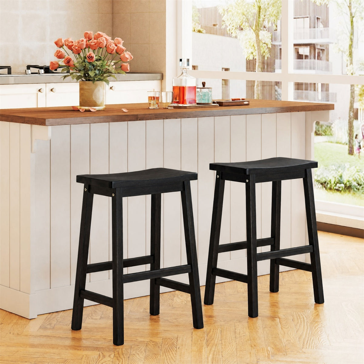 Set of 2 Saddle-Seat Counter Height Stools with Curved Seat and Footrests-Black view 2