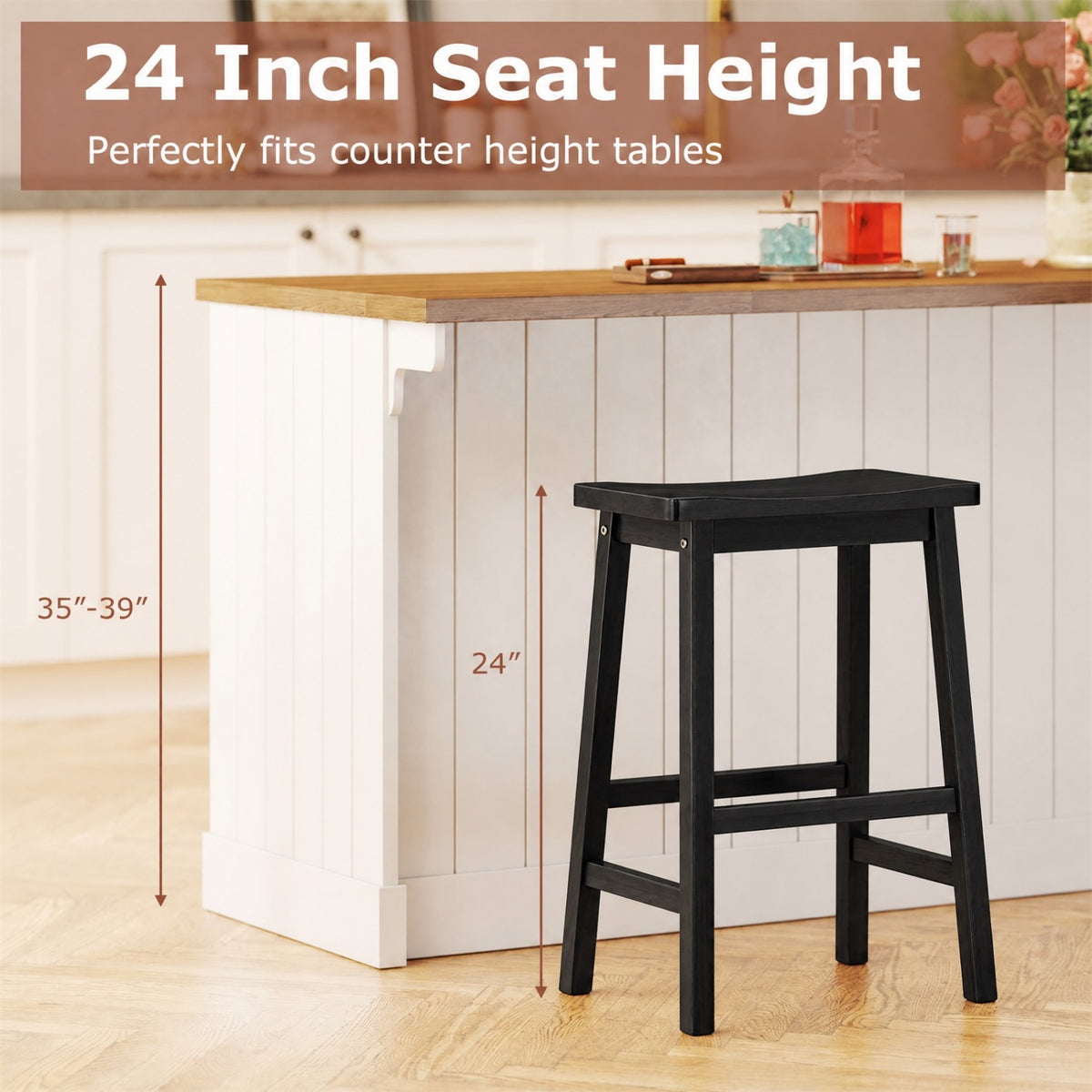 Set of 2 Saddle-Seat Counter Height Stools with Curved Seat and Footrests-Black view 5