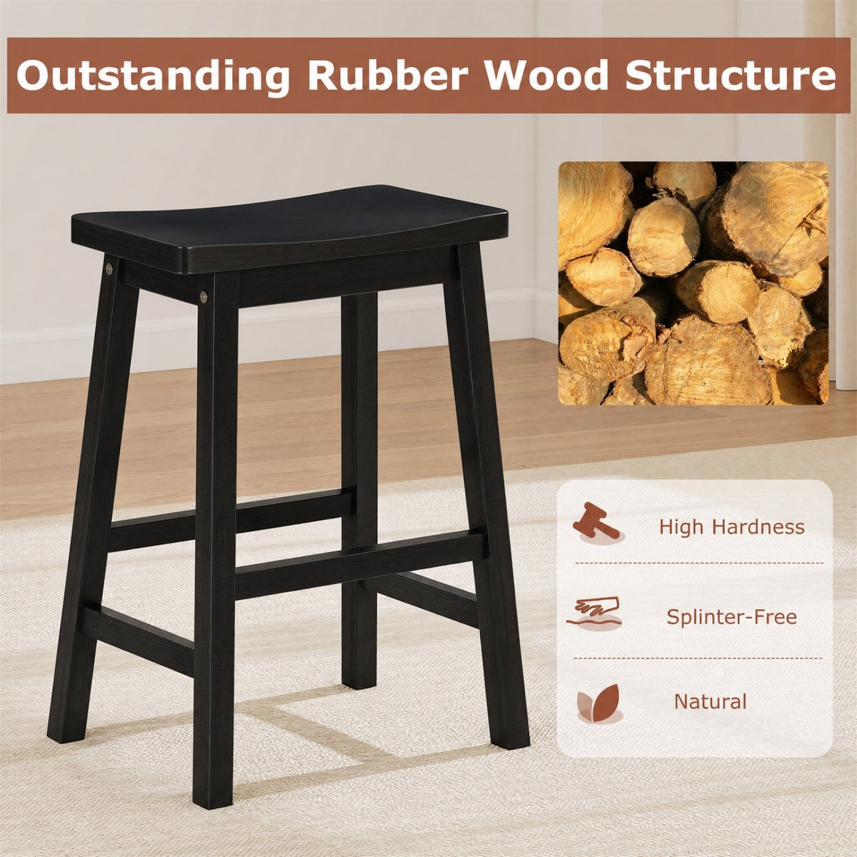 Set of 2 Saddle-Seat Counter Height Stools with Curved Seat and Footrests-Black view 6