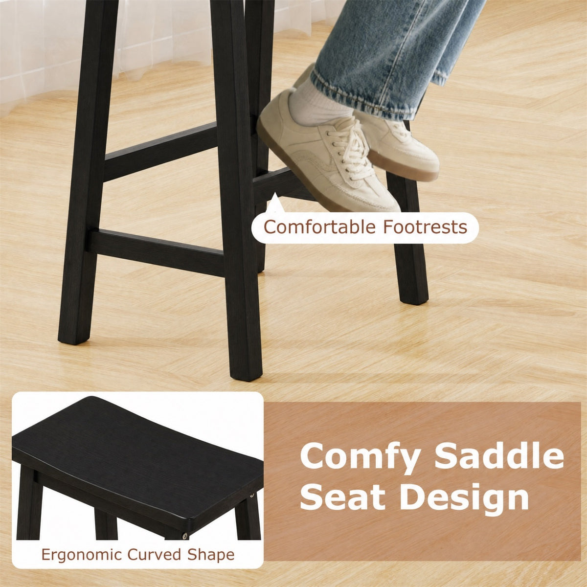 Set of 2 Saddle-Seat Counter Height Stools with Curved Seat and Footrests-Black view 7
