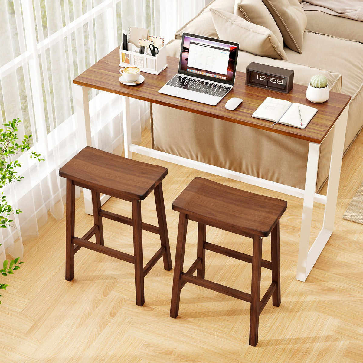 Set of 2 Saddle-Seat Counter Height Stools with Curved Seat and Footrests-Walnut view 3