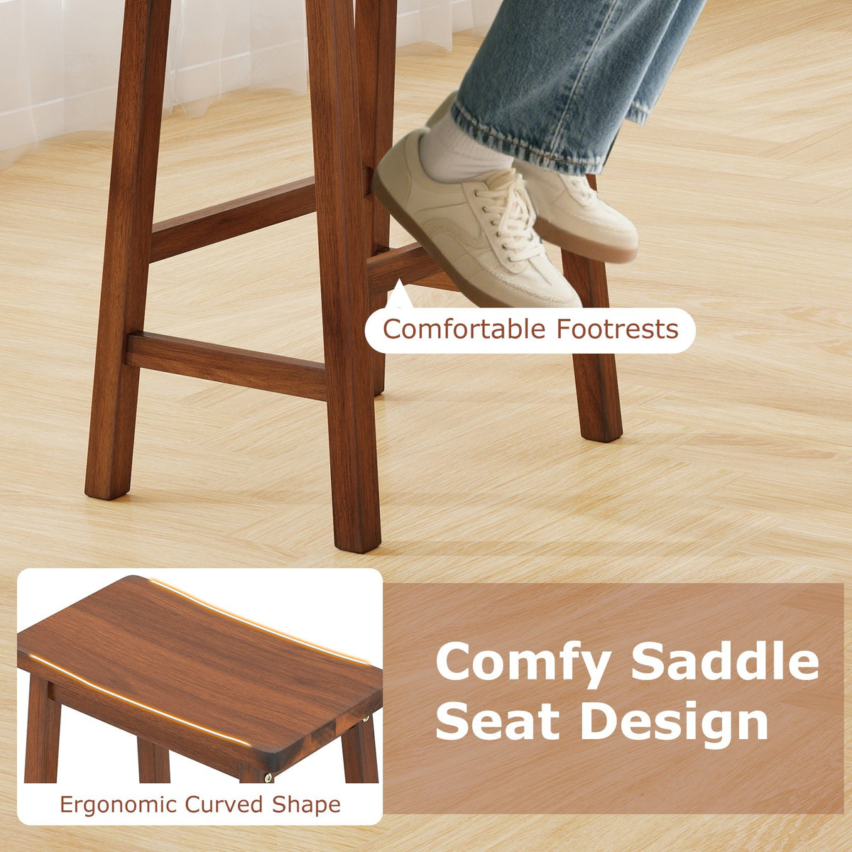 Set of 2 Saddle-Seat Counter Height Stools with Curved Seat and Footrests-Walnut view 7