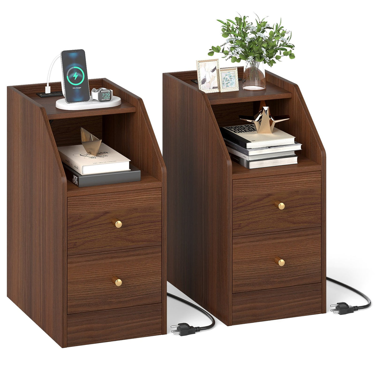 Set of 2 Side End Tables with Charging Station Sofa Couch Tables with Shelf Drawers-Walnut