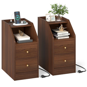 Set of 2 Side End Tables with Charging Station Sofa Couch Tables with Shelf Drawers-Walnut