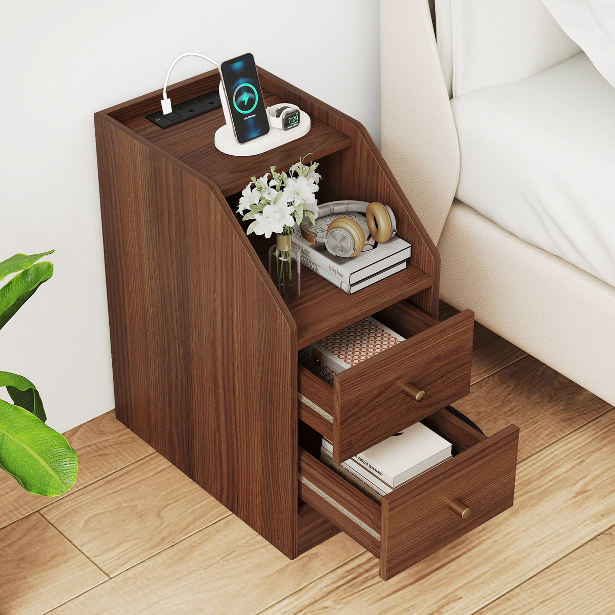 Set of 2 Side End Tables with Charging Station Sofa Couch Tables with Shelf Drawers-Walnut view 2
