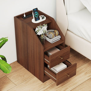Set of 2 Side End Tables with Charging Station Sofa Couch Tables with Shelf Drawers-Walnut view 2
