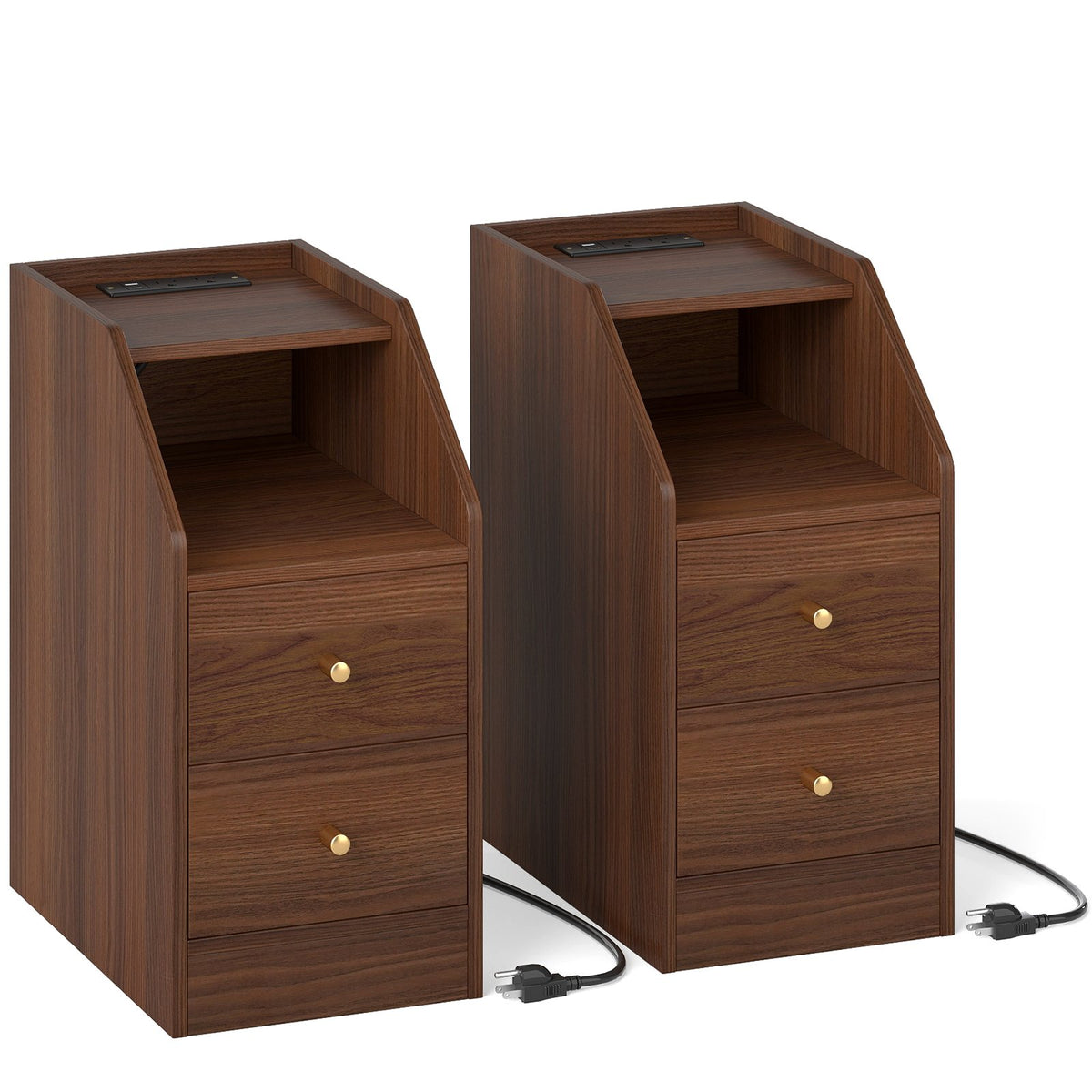 Set of 2 Side End Tables with Charging Station Sofa Couch Tables with Shelf Drawers-Walnut view 4