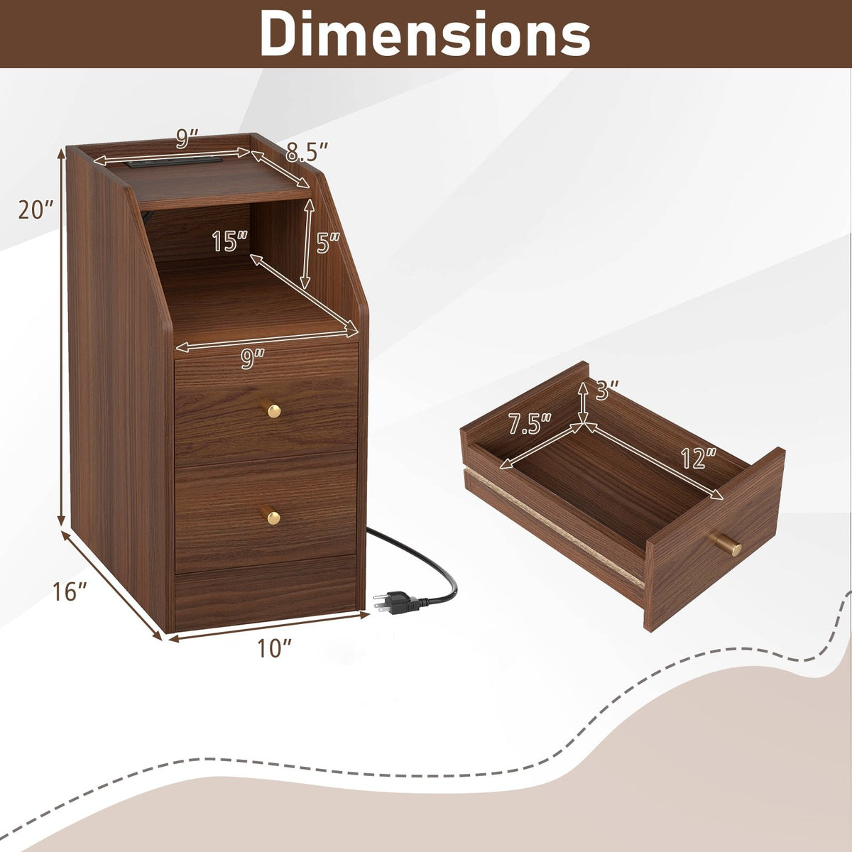 Set of 2 Side End Tables with Charging Station Sofa Couch Tables with Shelf Drawers-Walnut view 5