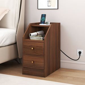 Set of 2 Side End Tables with Charging Station Sofa Couch Tables with Shelf Drawers-Walnut view 6