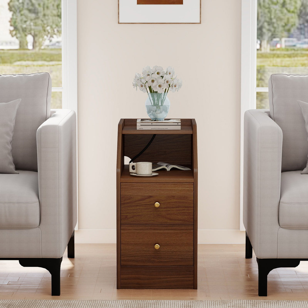 Set of 2 Side End Tables with Charging Station Sofa Couch Tables with Shelf Drawers-Walnut view 7
