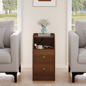 Set of 2 Side End Tables with Charging Station Sofa Couch Tables with Shelf Drawers-Walnut view 7