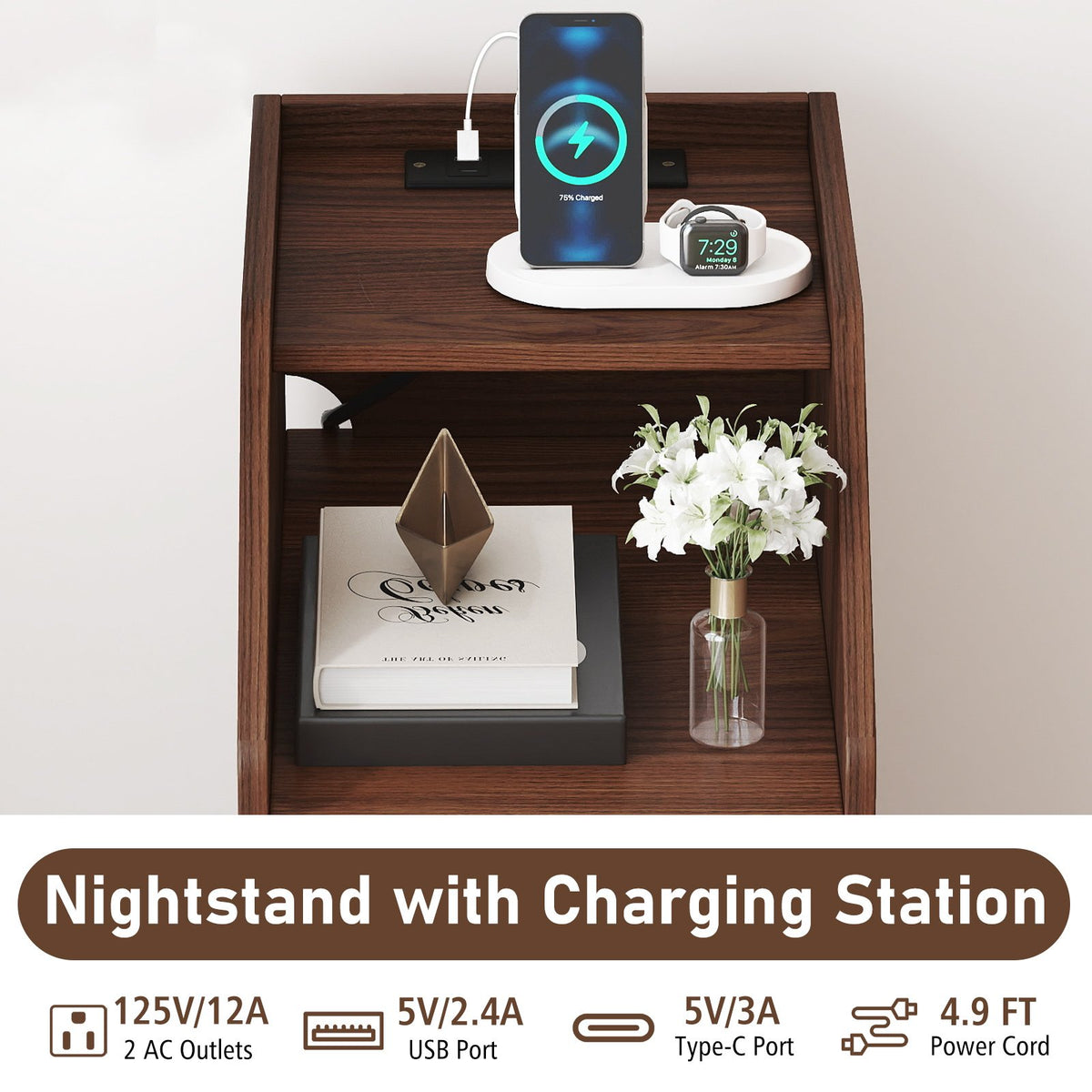 Set of 2 Side End Tables with Charging Station Sofa Couch Tables with Shelf Drawers-Walnut view 8