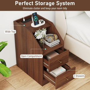 Set of 2 Side End Tables with Charging Station Sofa Couch Tables with Shelf Drawers-Walnut view 9