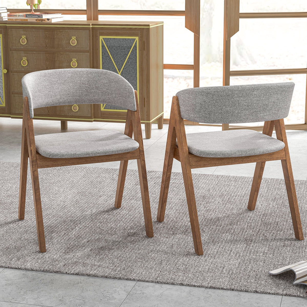 Set of 2 Soft Padded Accent Armchairs for Dining Room-Walnut and Grey view 2