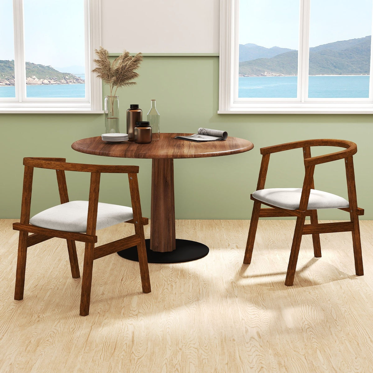 Set of 2 Solid Rubber Wood Dining Room Chairs with Wrap-around Armrest-Walnut view 2