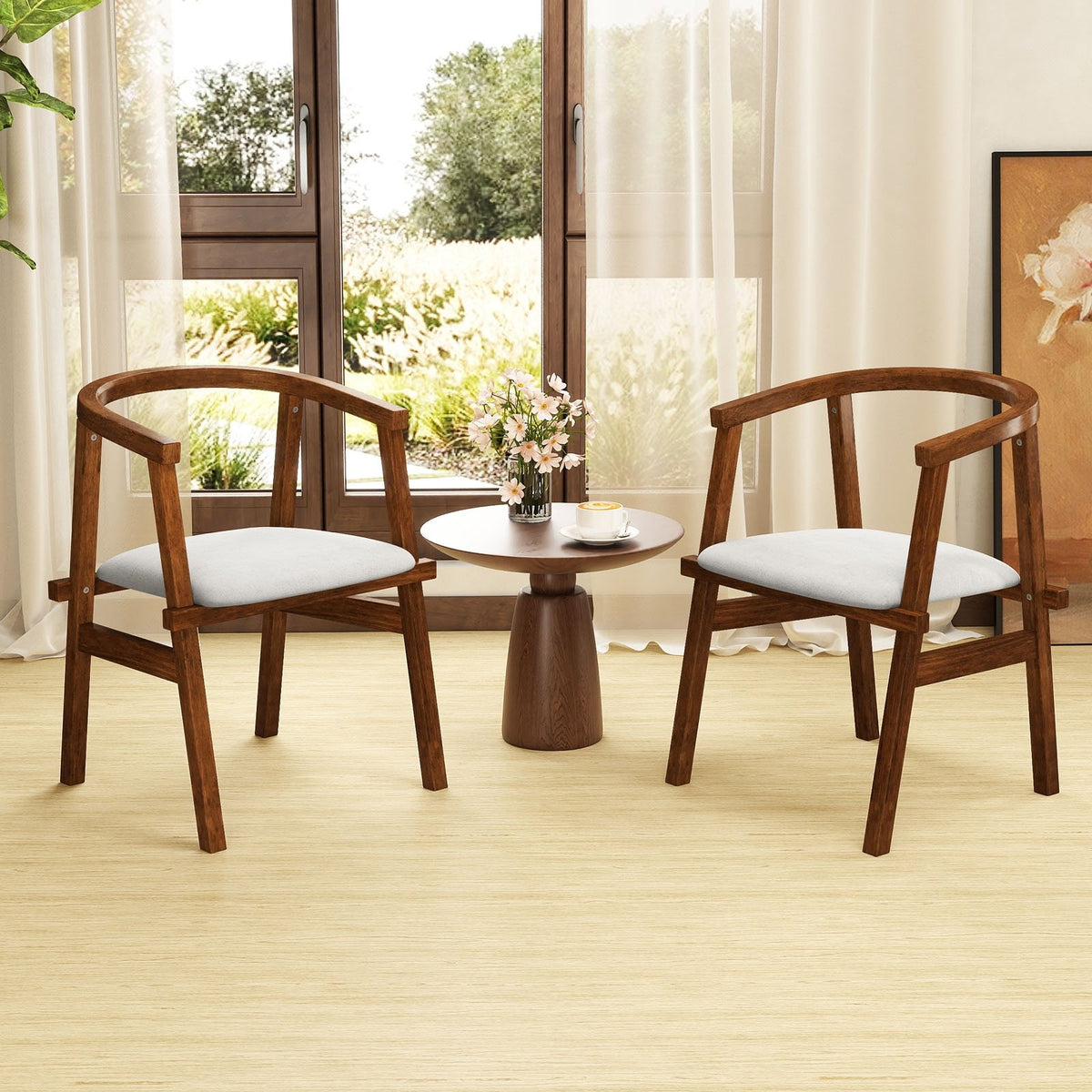 Set of 2 Solid Rubber Wood Dining Room Chairs with Wrap-around Armrest-Walnut view 5