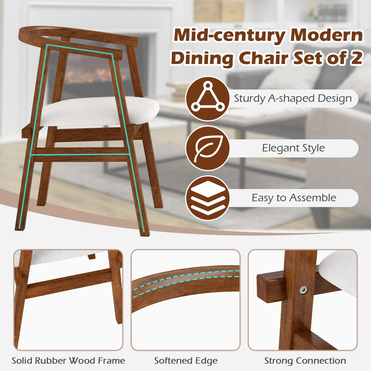 Set of 2 Solid Rubber Wood Dining Room Chairs with Wrap-around Armrest-Walnut view 9