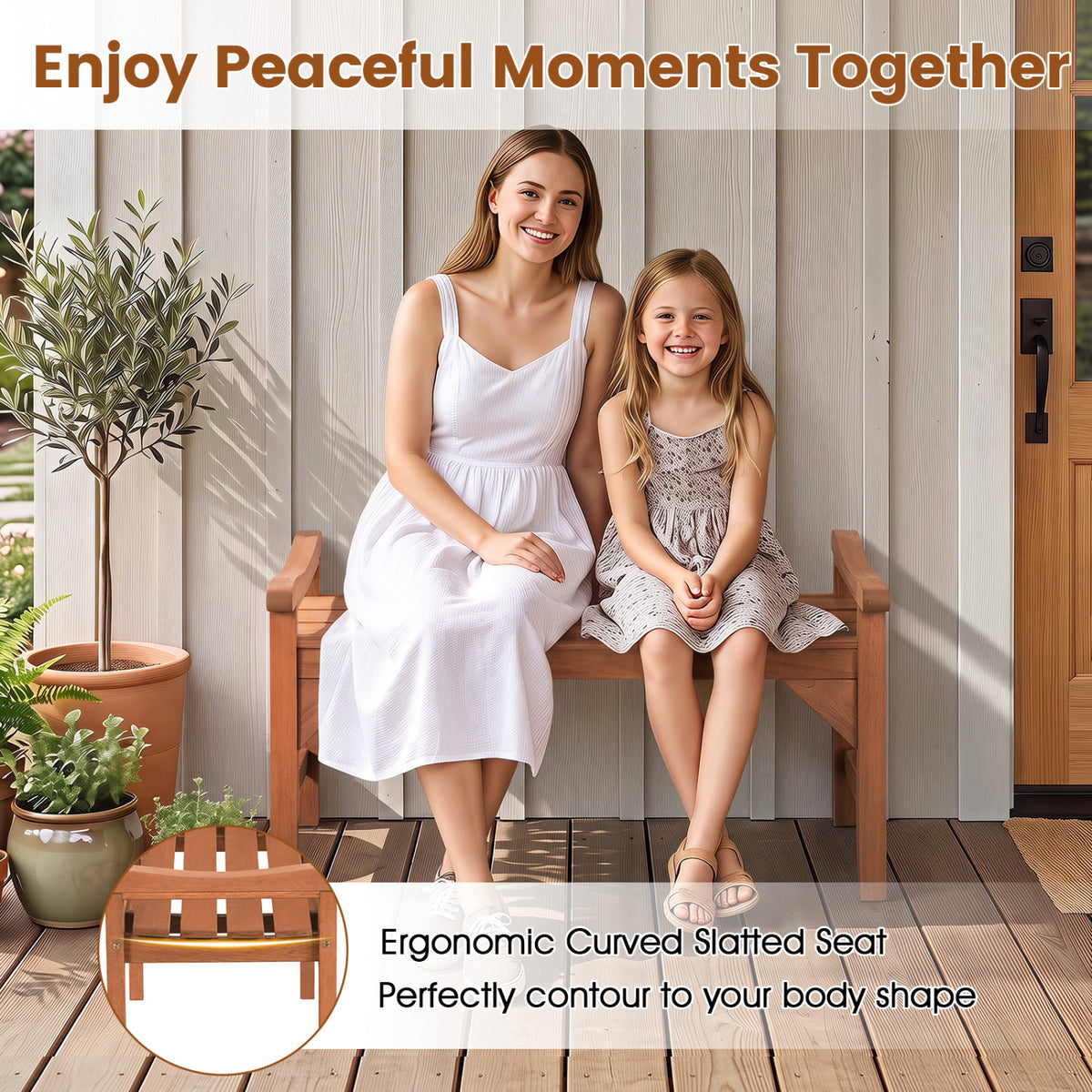 Set of 2 Solid Wood Backless Garden Bench with Support Handles and Curved Slatted Seat for Deck view 6