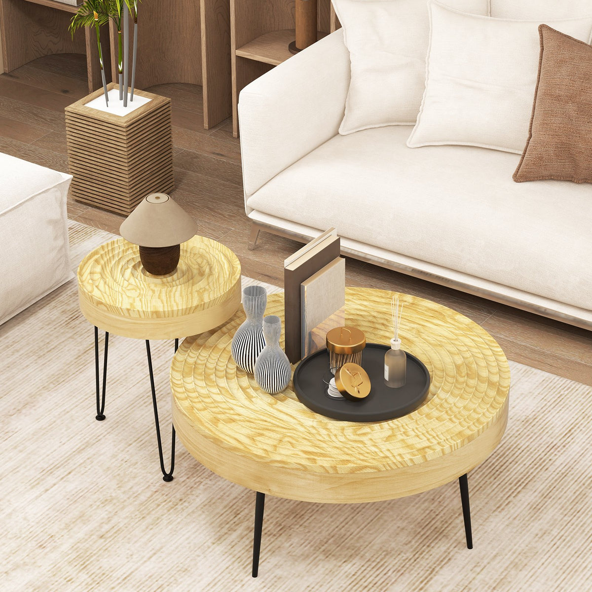 Set of 2 Solid Wood Farmhouse Round Coffee Tables-Natural view 6