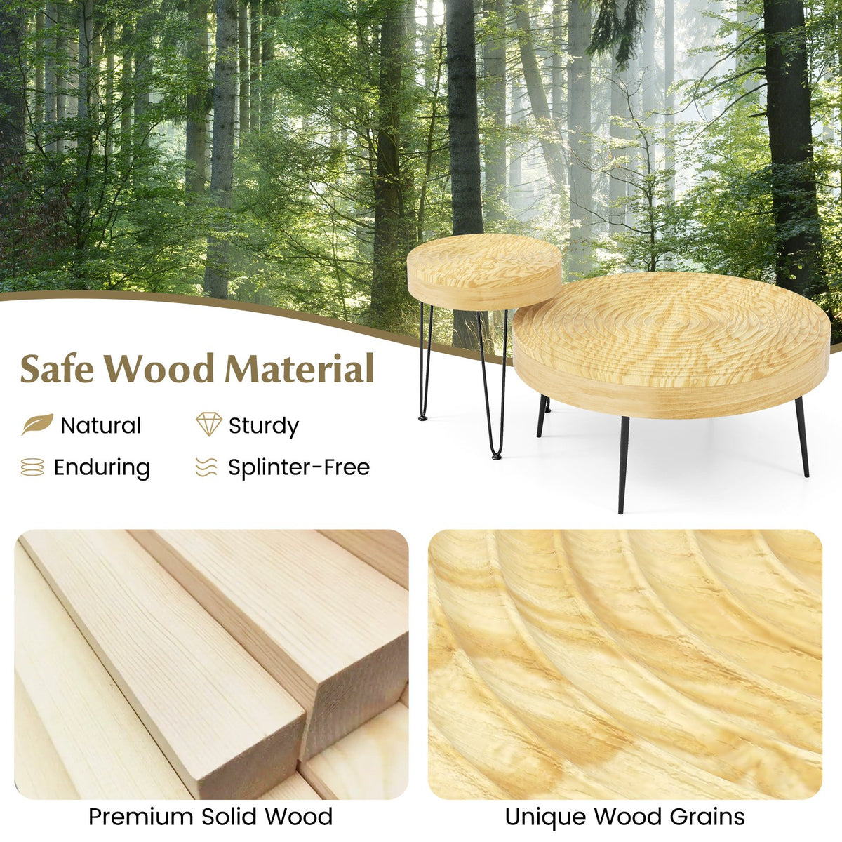 Set of 2 Solid Wood Farmhouse Round Coffee Tables-Natural view 7