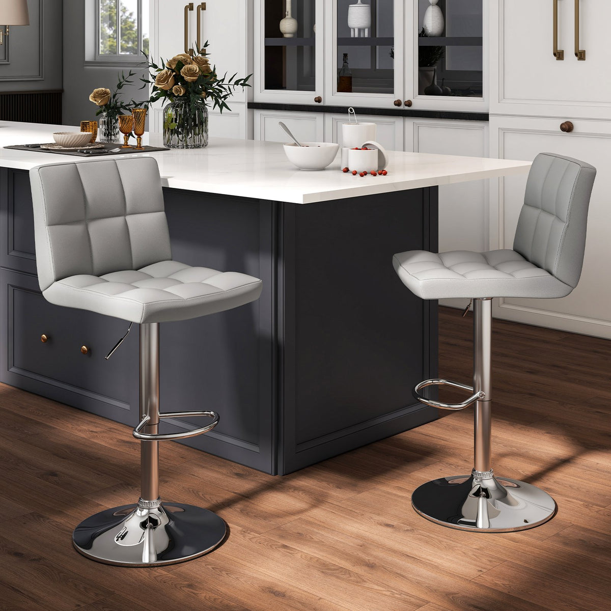 Set of 2 Square Swivel Adjustable Bar Stools with Back and Footrest-Gray view 2