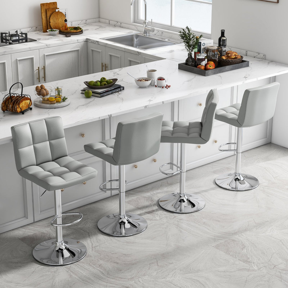 Set of 2 Square Swivel Adjustable Bar Stools with Back and Footrest-Gray view 3