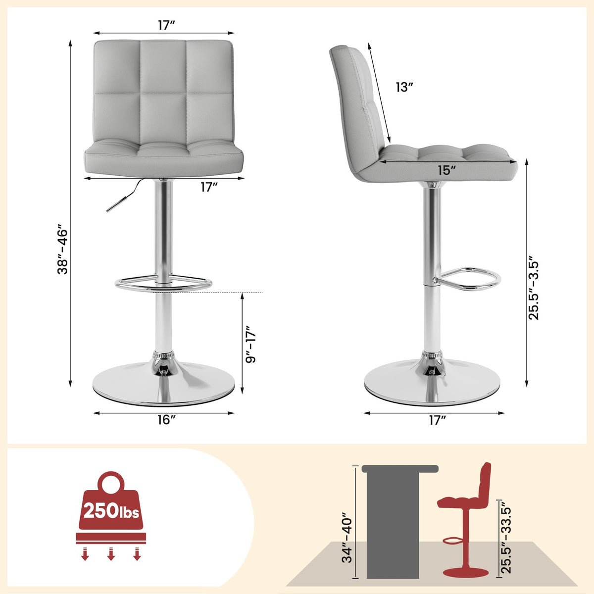 Set of 2 Square Swivel Adjustable Bar Stools with Back and Footrest-Gray view 5