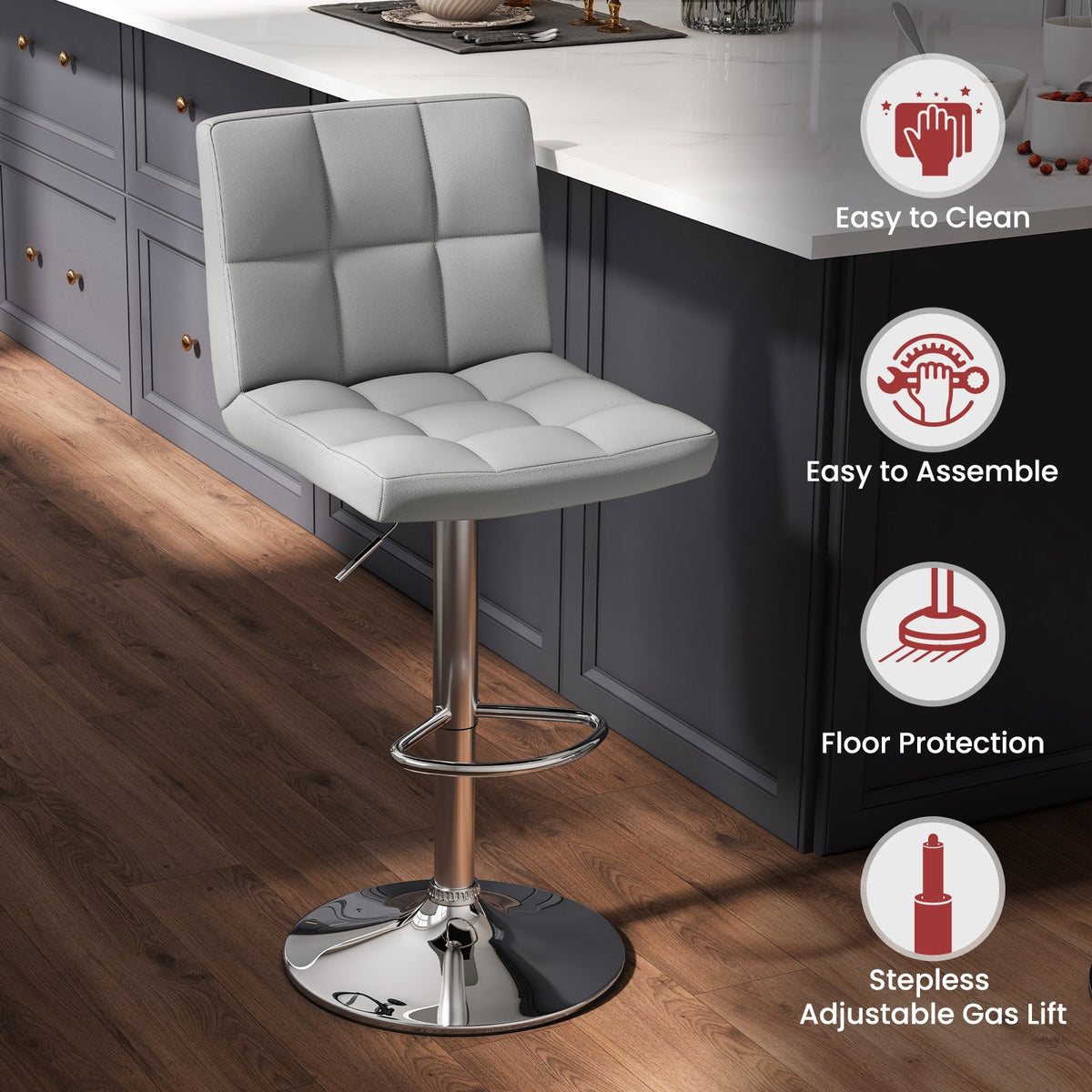 Set of 2 Square Swivel Adjustable Bar Stools with Back and Footrest-Gray view 6