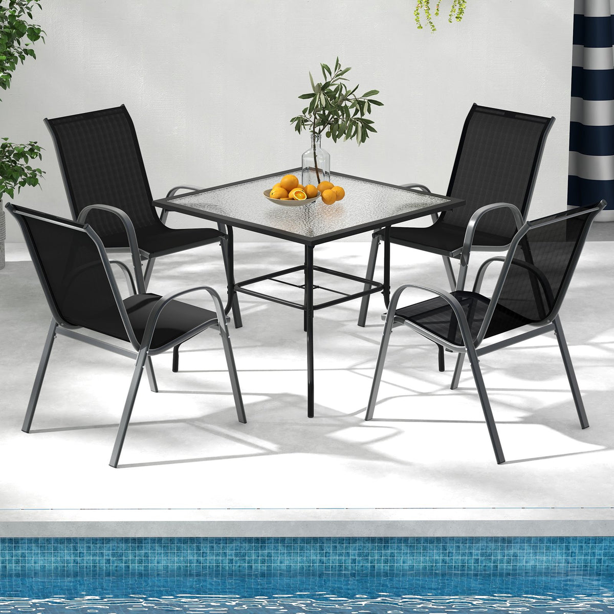Set of 2 Stackable Patio Dining Chairs Set with Armrest-Black view 2