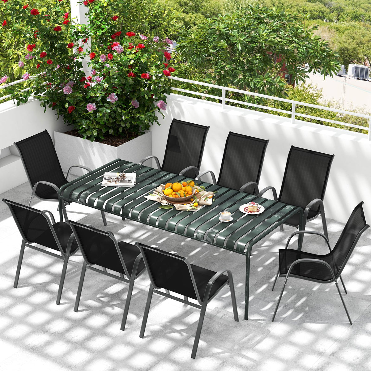 Set of 2 Stackable Patio Dining Chairs Set with Armrest-Black view 3
