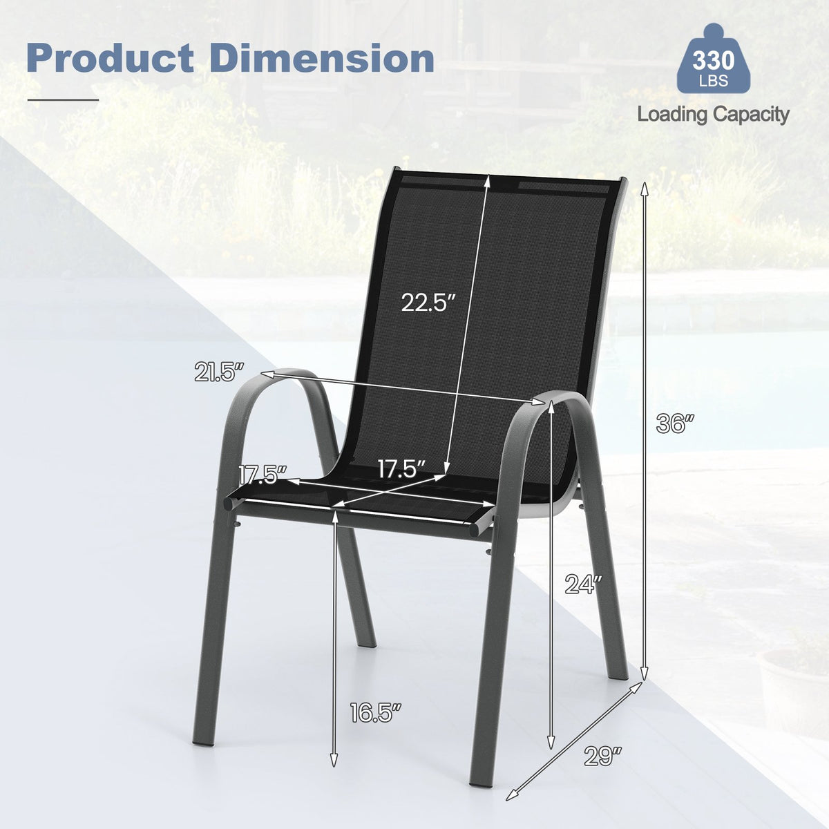 Set of 2 Stackable Patio Dining Chairs Set with Armrest-Black view 4