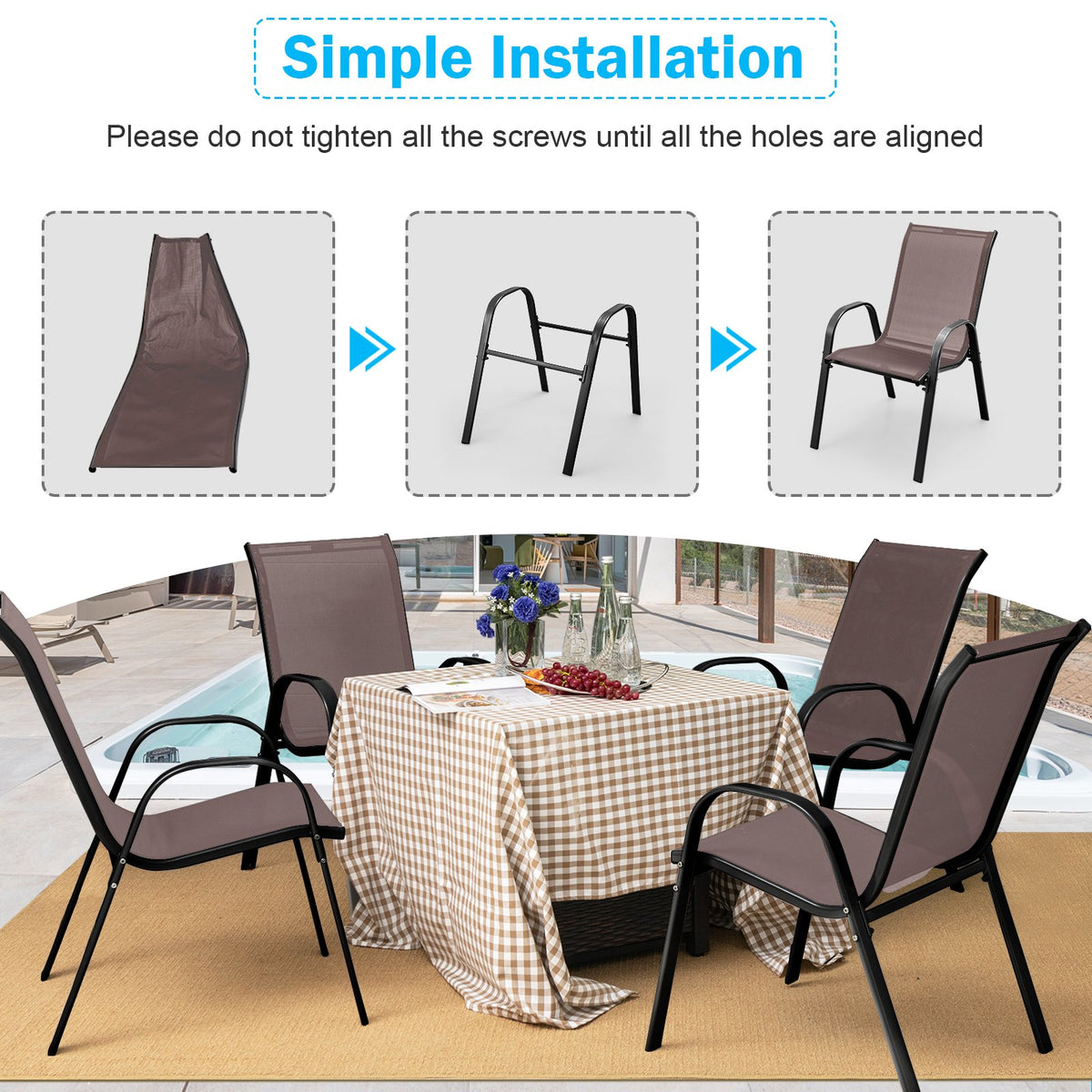 Set of 2 Stackable Patio Dining Chairs Set with Armrest-Brown view 7