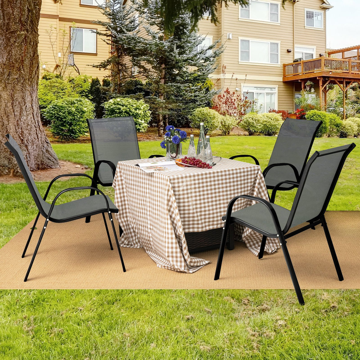Set of 2 Stackable Patio Dining Chairs Set with Armrest-Grey view 2