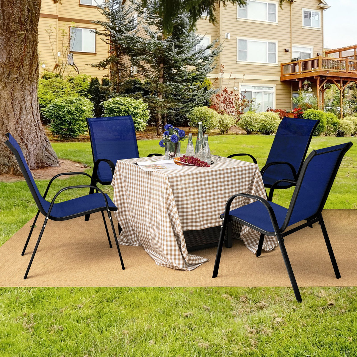 Set of 2 Stackable Patio Dining Chairs Set with Armrest-Navy view 3