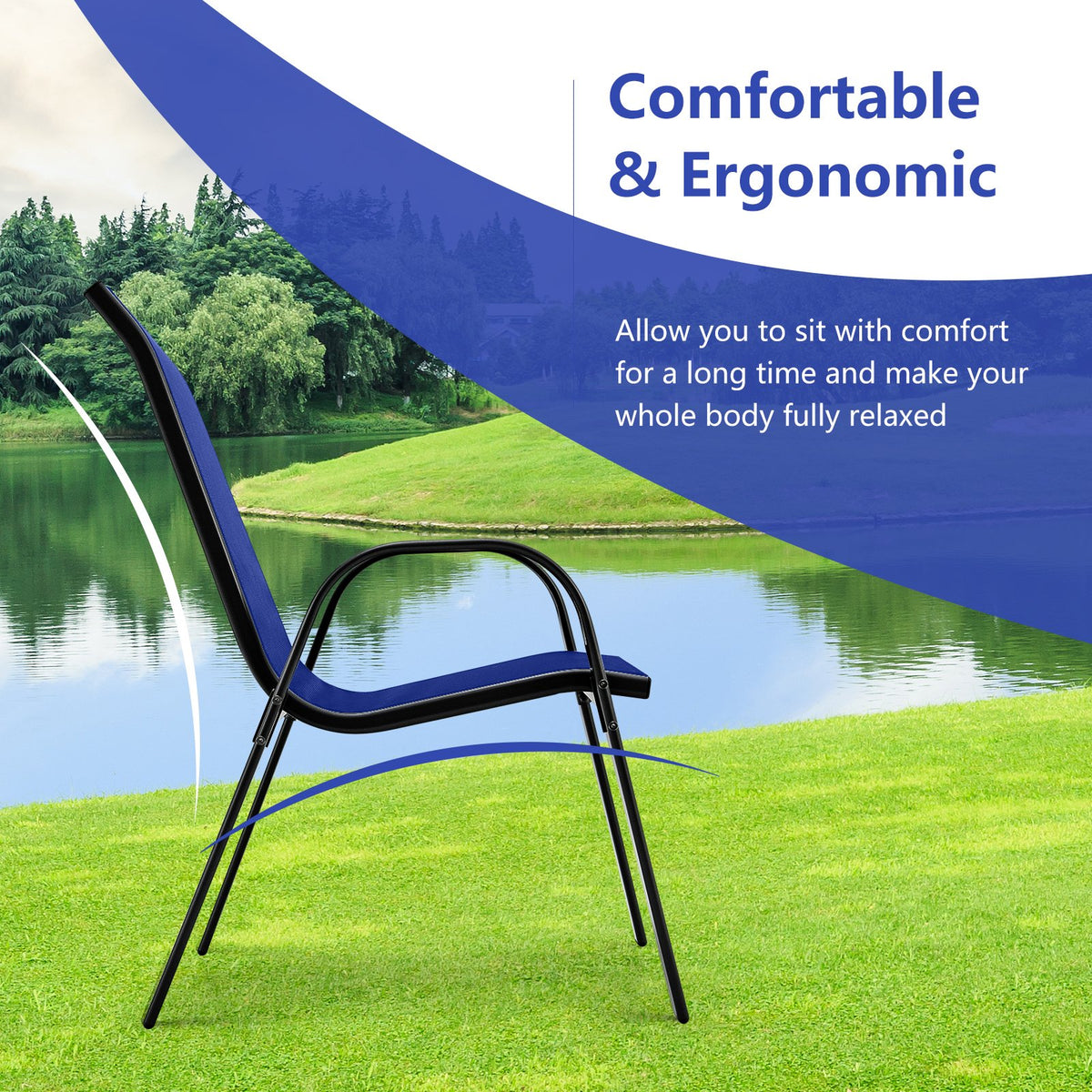 Set of 2 Stackable Patio Dining Chairs Set with Armrest-Navy view 5