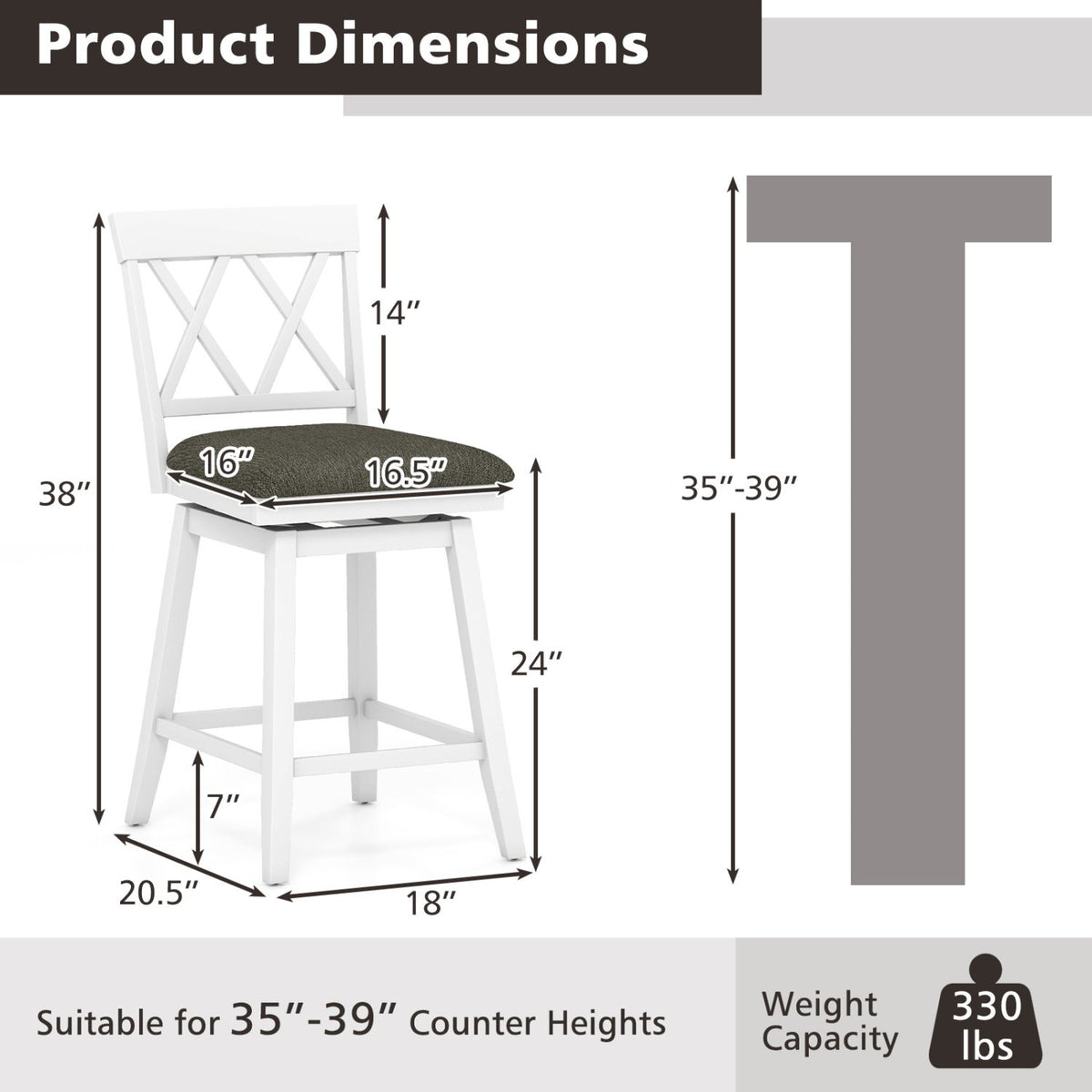 Set of 2 Swivel Bar Stools Counter Height Barstools with Backrest Upholstered Seat Cushion-24 inches view 4