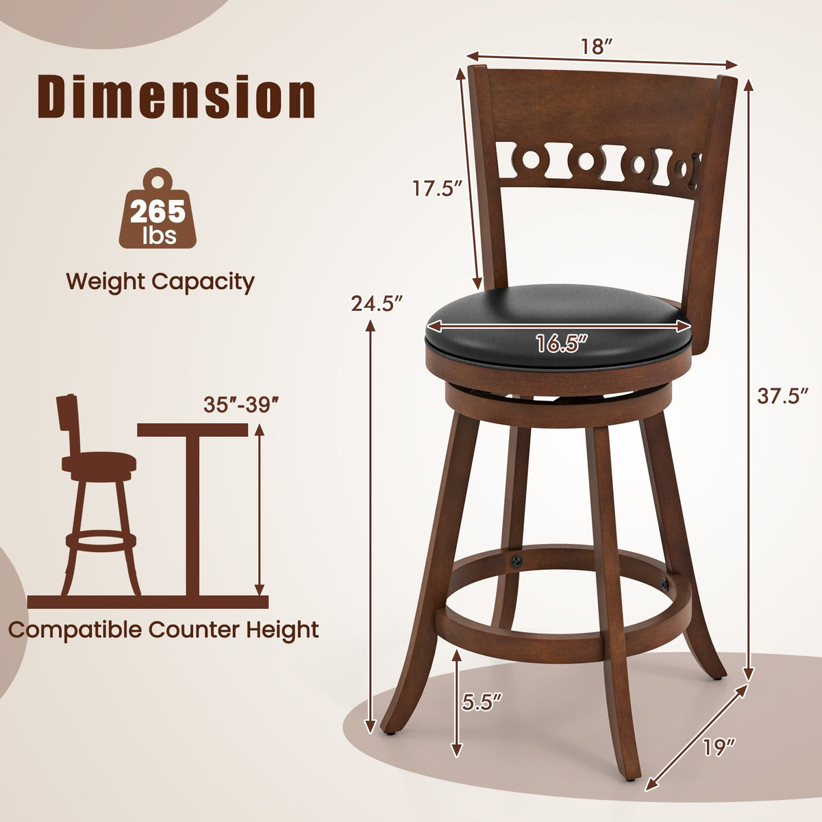 Set of 2 Swivel Bar Stools with Rubber Wood Frame-24.5 inches view 4