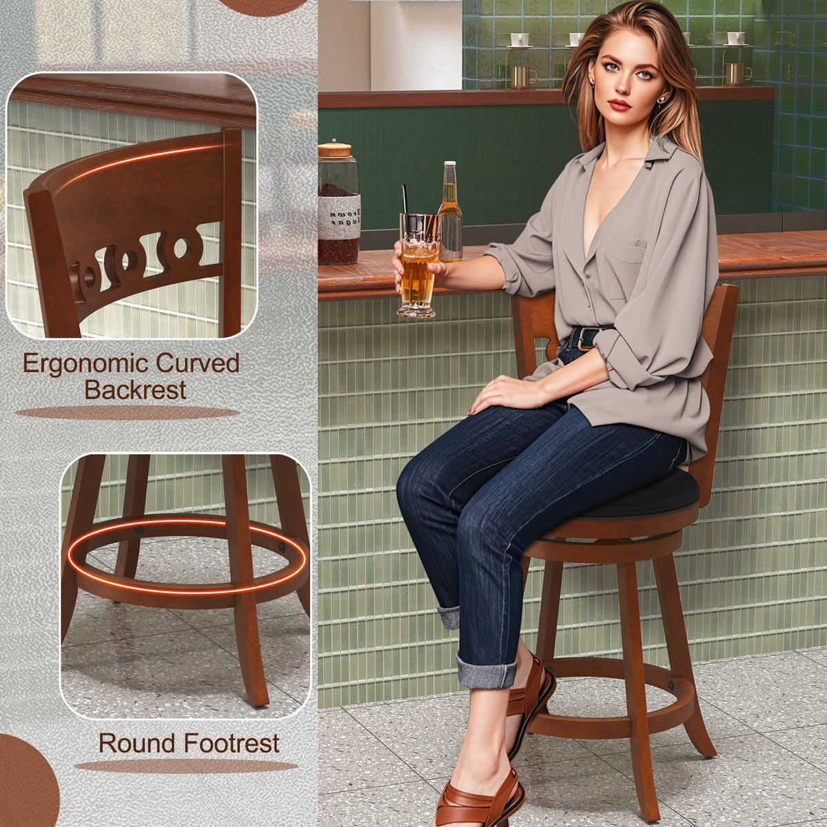 Set of 2 Swivel Bar Stools with Rubber Wood Frame-24.5 inches view 7