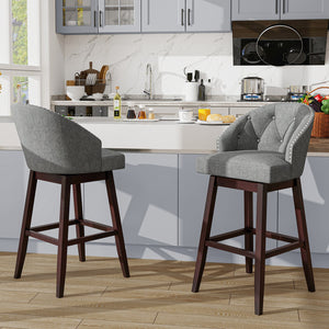 Set of 2 Swivel Bar Stools with Rubber Wood Legs and Padded Back-Gray view 2