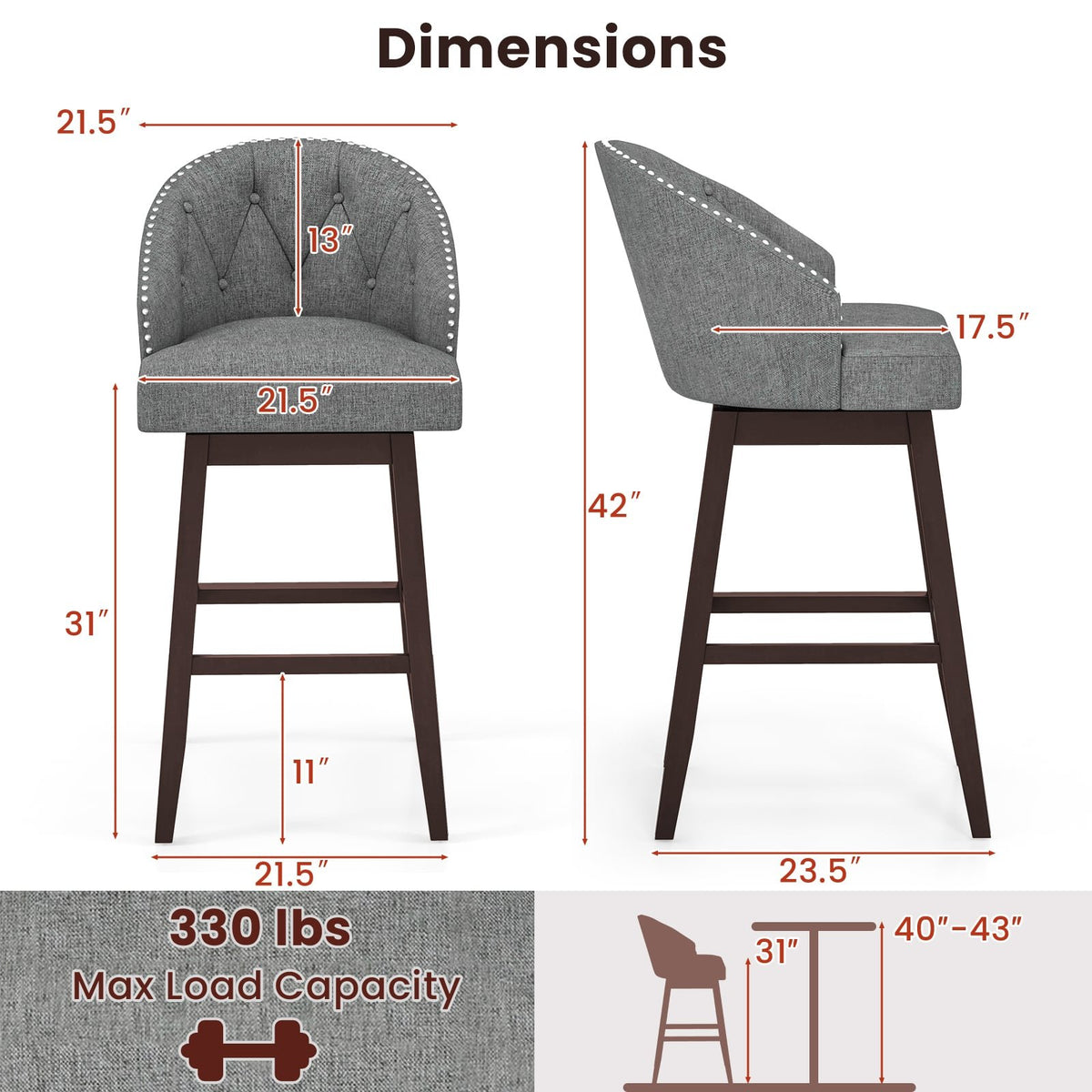 Set of 2 Swivel Bar Stools with Rubber Wood Legs and Padded Back-Gray view 4