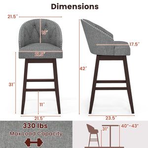 Set of 2 Swivel Bar Stools with Rubber Wood Legs and Padded Back-Gray view 4