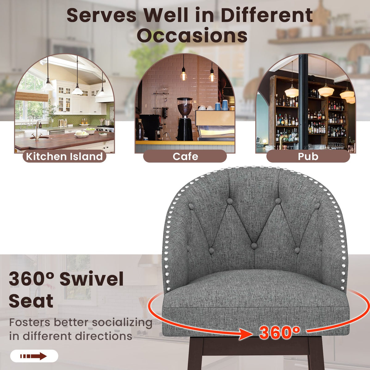Set of 2 Swivel Bar Stools with Rubber Wood Legs and Padded Back-Gray view 9