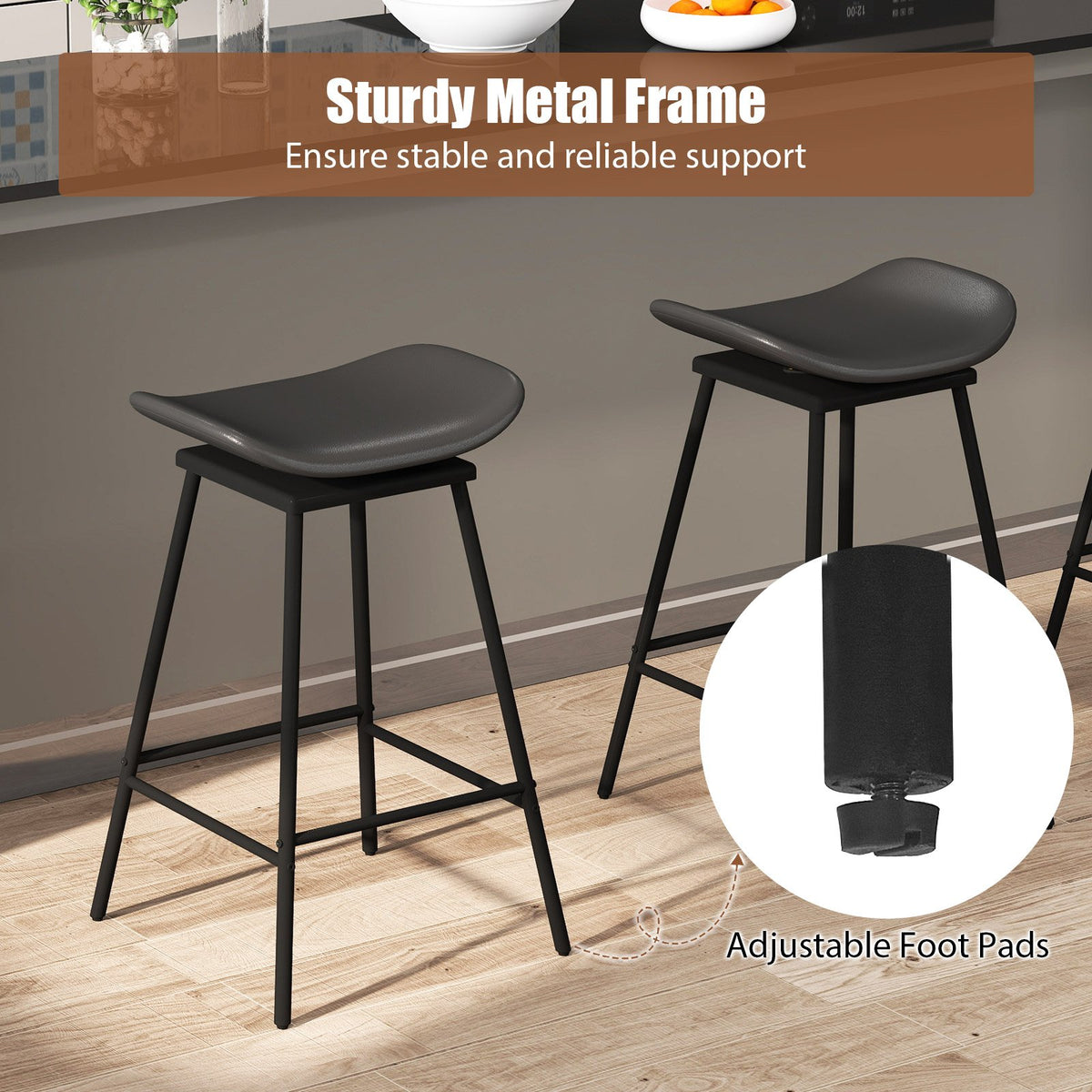 Set of 2 Swivel Barstools Faux Leather Upholstered Backless with Footrest-Black view 8