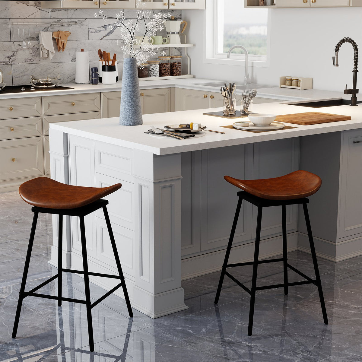 Set of 2 Swivel Barstools Faux Leather Upholstered Backless with Footrest-Brown view 2